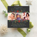 Merry Little Christmas Babys First Photo Collage Holiday Card<br><div class="desc">Stylish square photo card features "Have yourself a Merry Little Christmas" wording in modern typestyles with custom text for the baby's name, birth date, and stats. A floral holiday border of holly, berries, leaves, pinecones, and branches frames your three (3) favourite newborn photos. Colour scheme: charcoal grey / black with...</div>