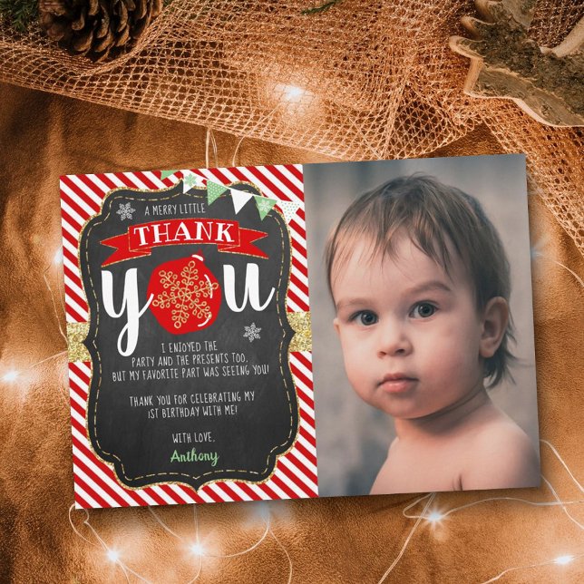 Merry Little Christmas Birthday Photo Thank You Card (Creator Uploaded)