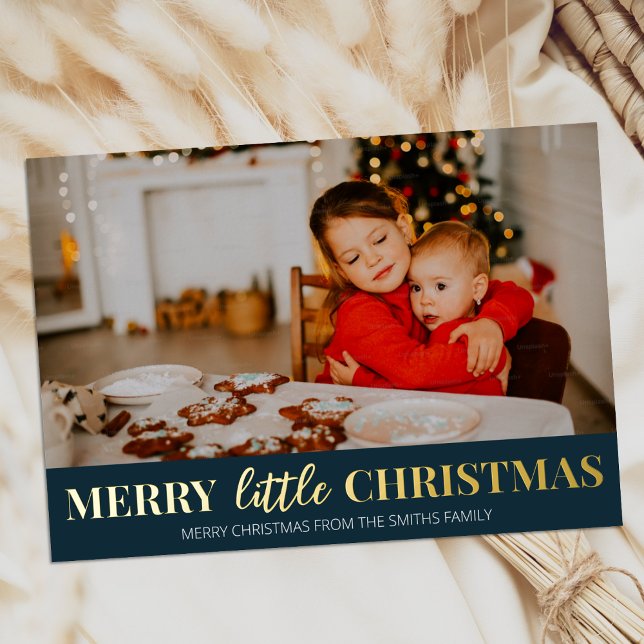 Merry Little Christmas Blue Gold Modern Photo (Creator Uploaded)