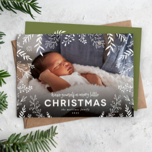 Merry Little Christmas Botanical Overlay Photo Holiday Card