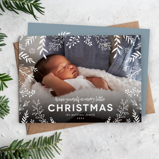 Merry Little Christmas Botanical Overlay Photo Holiday Card (Creator Uploaded)