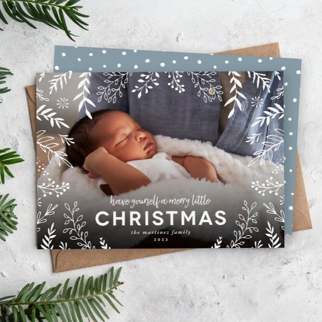 Merry Little Christmas Botanical Overlay Photo Holiday Card (Creator Uploaded)