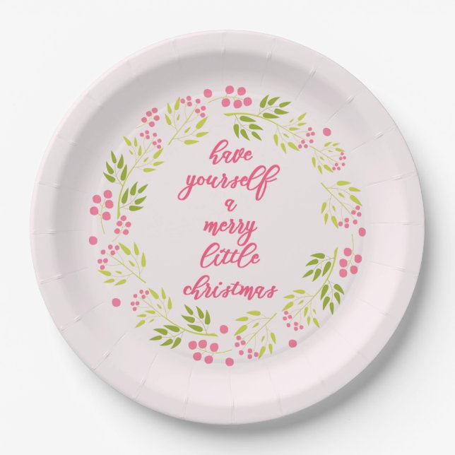 Merry little Christmas Flower Wreath Paper Plates (Front)