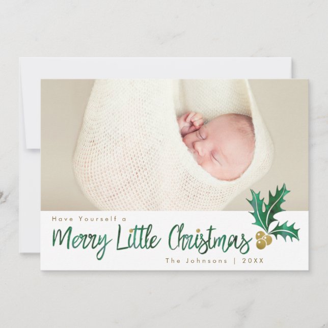 Merry Little Christmas Green Gold Holly Watercolor Holiday Card (Front)