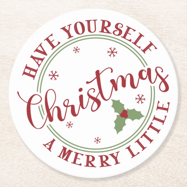 Merry Little Christmas Holly Holiday Round Paper Coaster (Front)