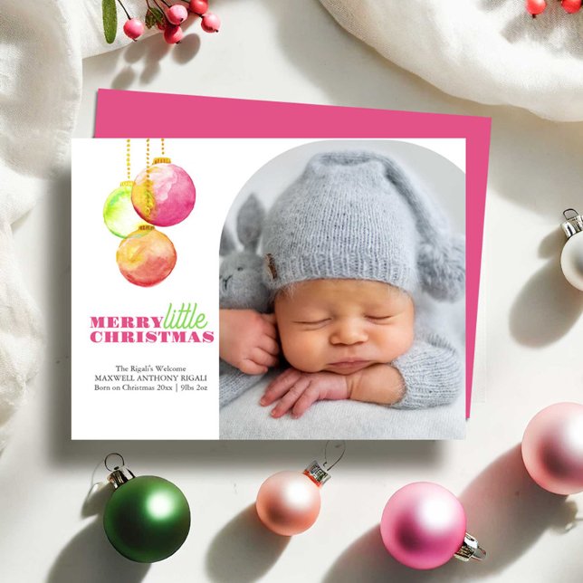 Merry Little Christmas Photo Birth Announcements (Christmas birth announcements  with photo features watercolor bauble art by Victoria Grigaliunas)