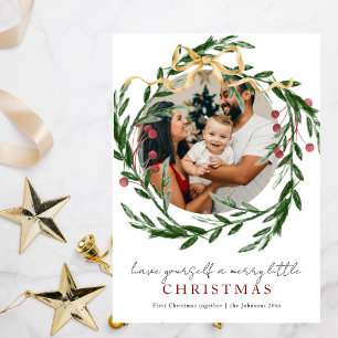 Merry Little Christmas Photo Botanical Family Holiday Card