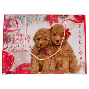 Merry Little Christmas Poodle Puppies Personalised Large Gift Bag