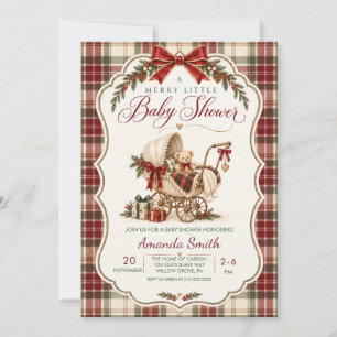 Merry Little Christmas Pram Tartan Baby Shower Invitation