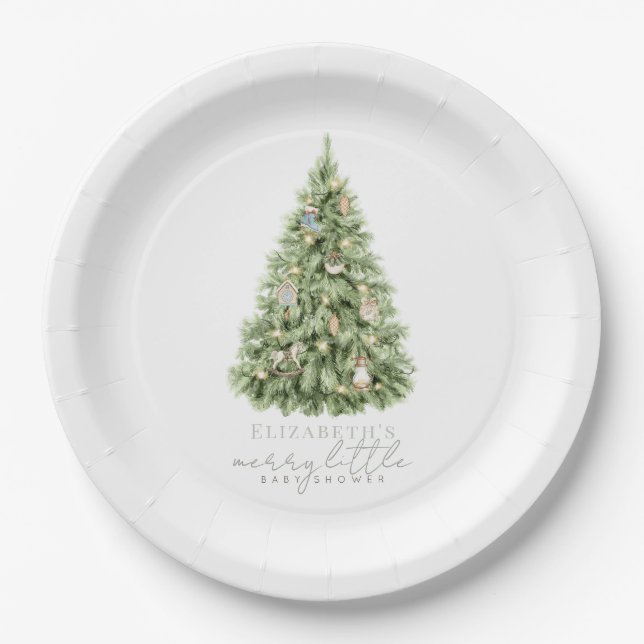 Merry Little Christmas Tree Baby Shower Paper Plate (Front)