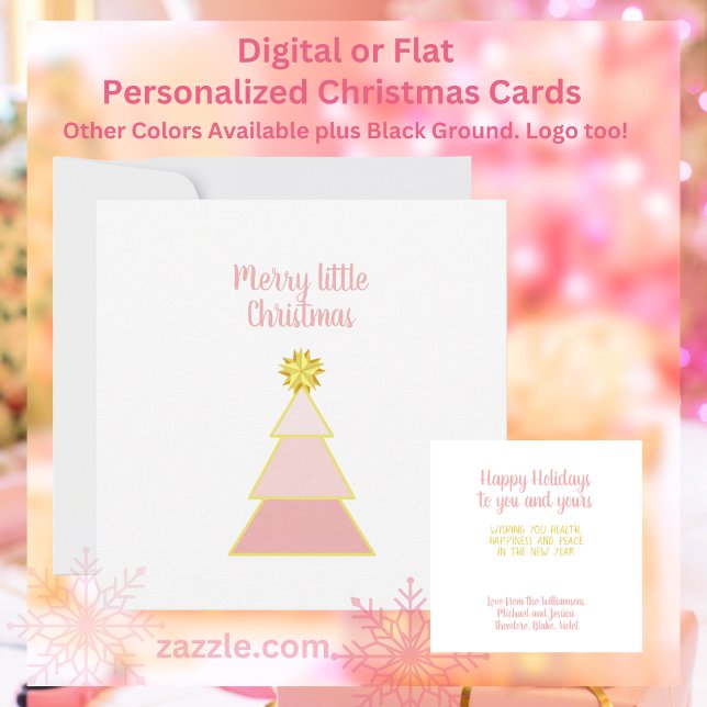 Merry Little Christmas Tree Pink Modern Minimalist Card (Pink Christmas Tree on white background personalized flat or digital cards. Other colors plus logo.)