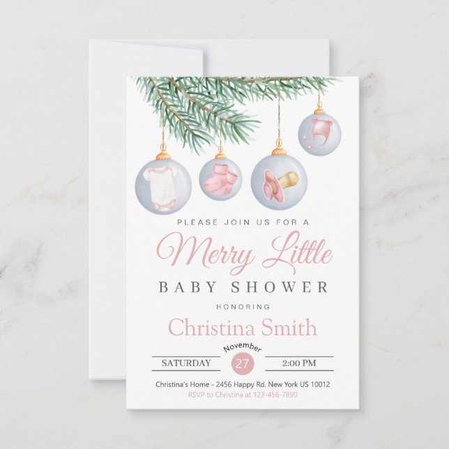 Merry Little Christmas Winter Baby Girl Shower Invitation (Front)