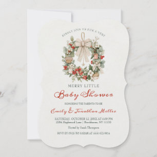 Merry Little Christmas Wreath Bow Baby Shower Invitation