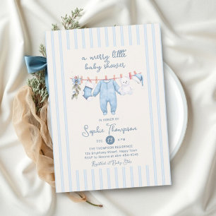 Merry Little Dusty Blue Stripes Boy Baby Shower Invitation
