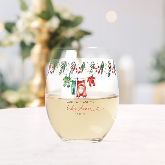 Merry Little Floral Christmas Santa Baby Shower Stemless Wine Glass (Insitu (Wedding))
