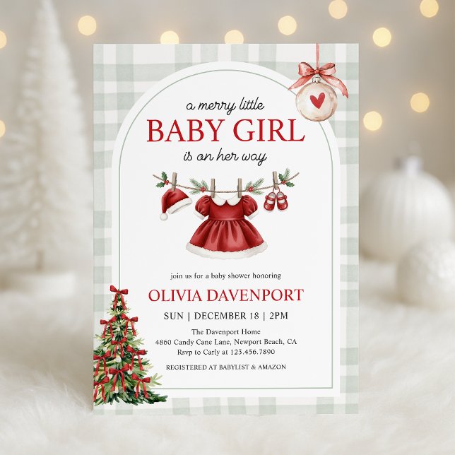 Merry Little Girl Gingham Christmas Baby Shower Invitation (Creator Uploaded)