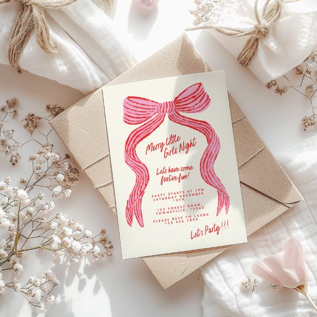Merry Little Girls Night Invitation | Pink Red Bow (Creator Uploaded)