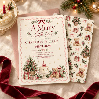 Merry Little One Christmas First Birthday Teddy Invitation
