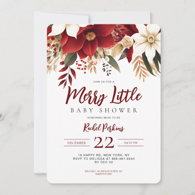Merry Little Poinsettia Christmas  Baby Shower Invitation (Front)