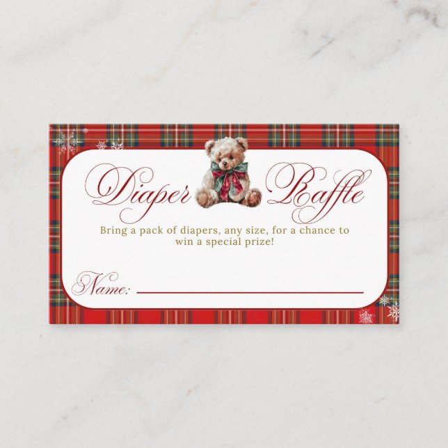 Merry Little Red Bow Christmas Plaid Diaper Raffle Enclosure Card (Front)