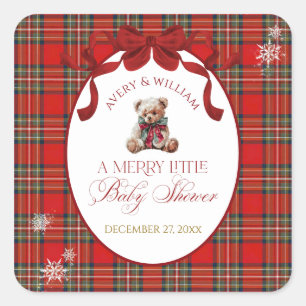 Merry Little Red Bow Christmas Plaid  Square Sticker