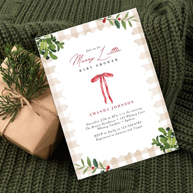 Merry Little Red Bow Gingham Baby Shower Invitation (Creator Uploaded)