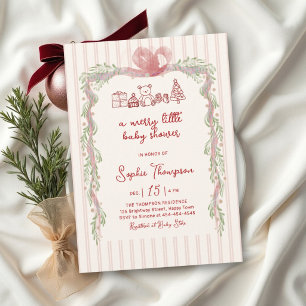 Merry Little Red Bow Stripes Christmas Baby Shower Invitation