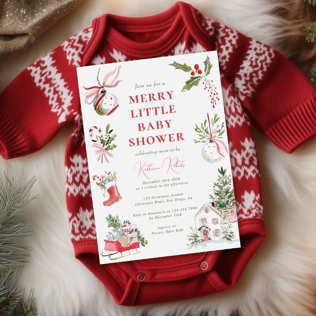 Merry Little Watercolor Christmas Baby Shower Invitation (Creator Uploaded)