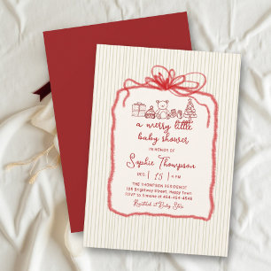 Merry Little Whimsical Red Bow Stripe Baby Shower Invitation