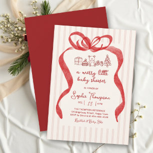 Merry Little Whimsical Red Bow Stripes Baby Shower Invitation