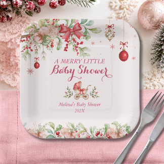 Merry Little Winter Christmas Red Bow Baby Shower Paper Plate