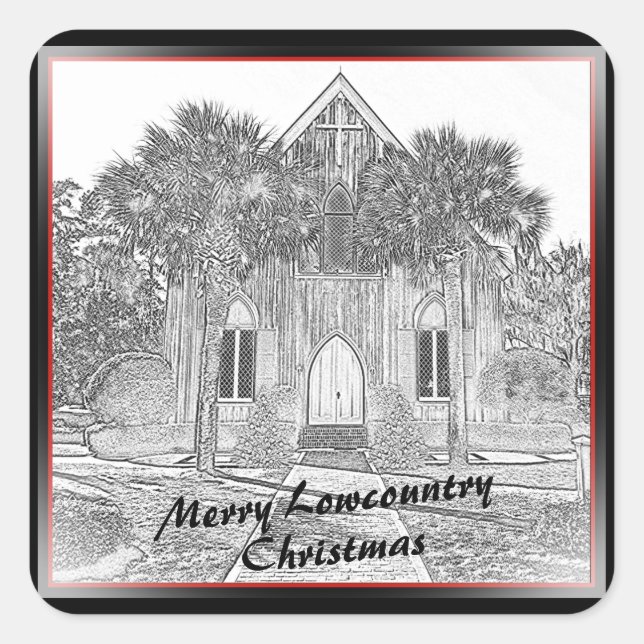 Merry Lowcountry Christmas Bluffton Church Sketch  Square Sticker (Front)