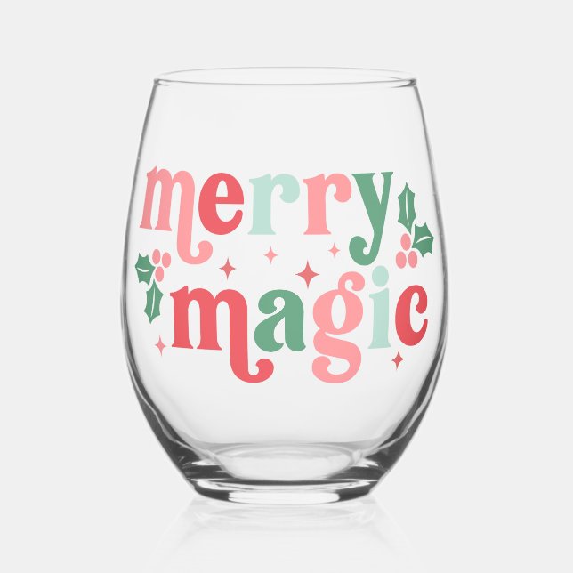 Merry Magic - Colourful Holiday Typography Stemless Wine Glass (Front)