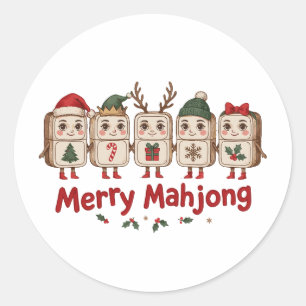 Merry Mahjong Christmas Tiles Santa Hat Reindeer Classic Round Sticker