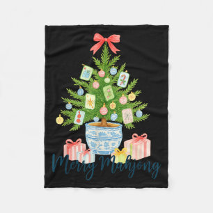Merry Mahjong Christmas Tree Chinoiserie Holiday Fleece Blanket