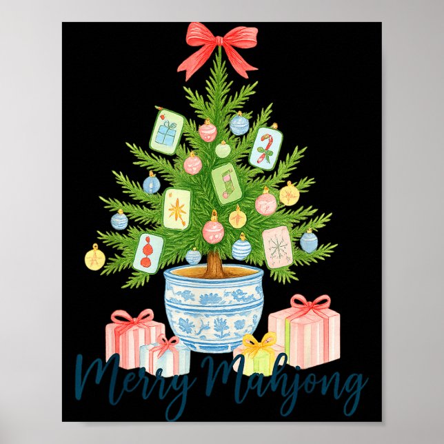 Merry Mahjong Christmas Tree Chinoiserie Holiday  Poster (Front)