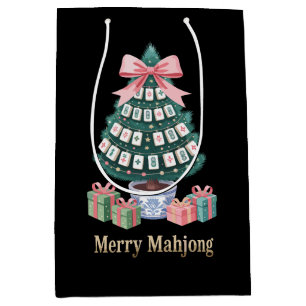 Merry Mahjong Christmas Tree Tiles Gifts Pink Bow Medium Gift Bag