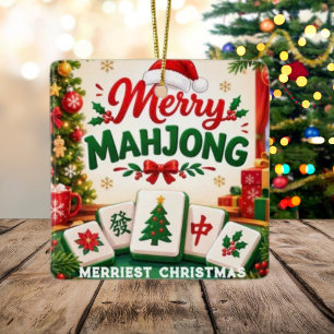 Merry Mahjong Merriest Christmas Family Crimson Ceramic Ornament