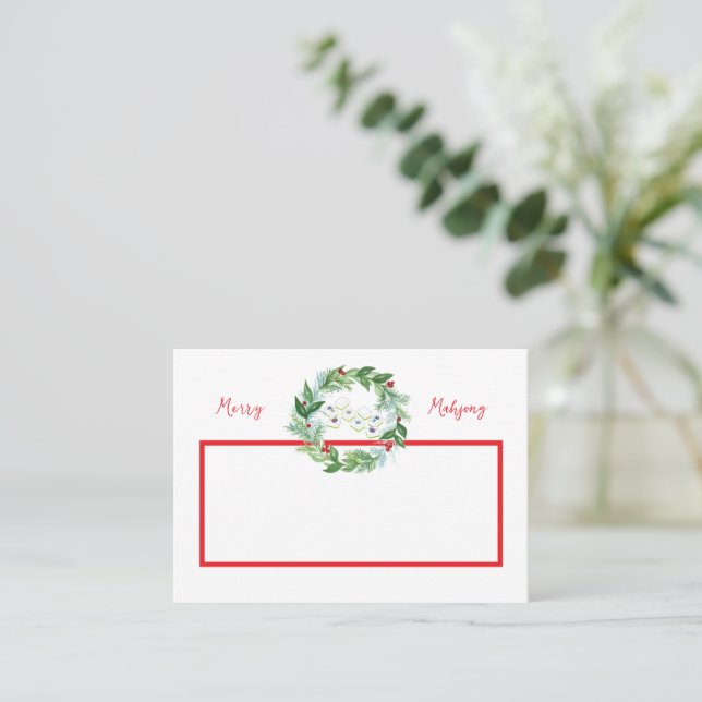 Merry Mahjong Watercolor Christmas Wreath Place Card (Standing Front)