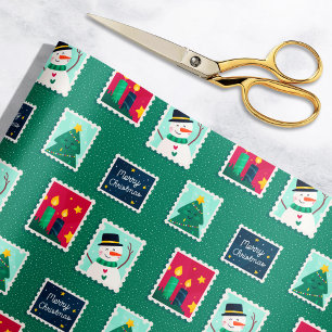 Merry Mail Green Holiday Postage Stamp Pattern Wrapping Paper