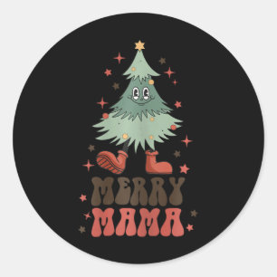 Merry Mama Retro Christmas Tree Face Groovy Matchi Classic Round Sticker
