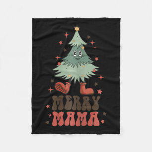 Merry Mama Retro Christmas Tree Face Groovy Matchi Fleece Blanket