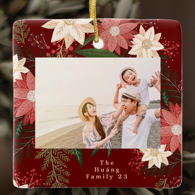 merry maroon christmas photo botanical frame  ceramic ornament (Creator Uploaded)