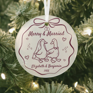 Merry & Married 1st Christmas Hand Drawn Goose Glass Tree Decoration