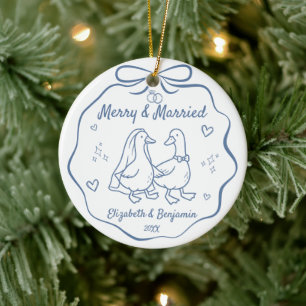 Merry & Married 1st Christmas Photo Hand Drawn Ceramic Tree Decoration