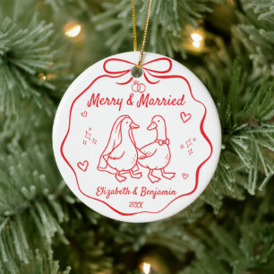 Merry & Married 1st Christmas Photo Hand Drawn Ceramic Tree Decoration