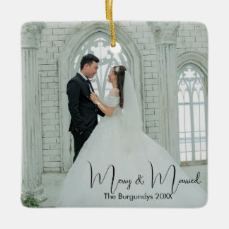 Merry & Married 1st Christmas Wedding Photo Ceramic Ornament