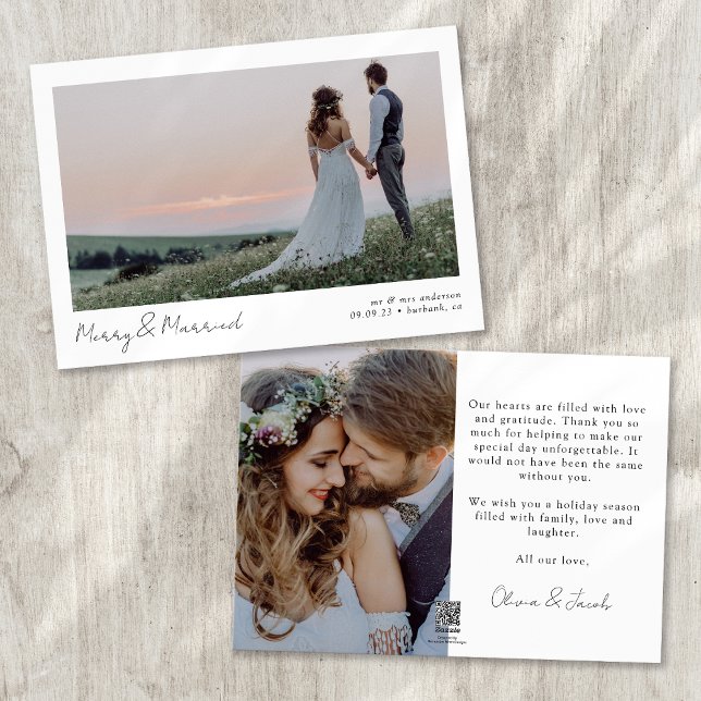 Merry & Married 2 Photo Calligraphy Wedding  Holiday Card (Creator Uploaded)
