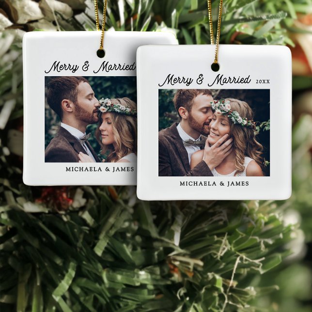 Merry & Married 2 Wedding Photos Ceramic Ornament (Creator Uploaded)