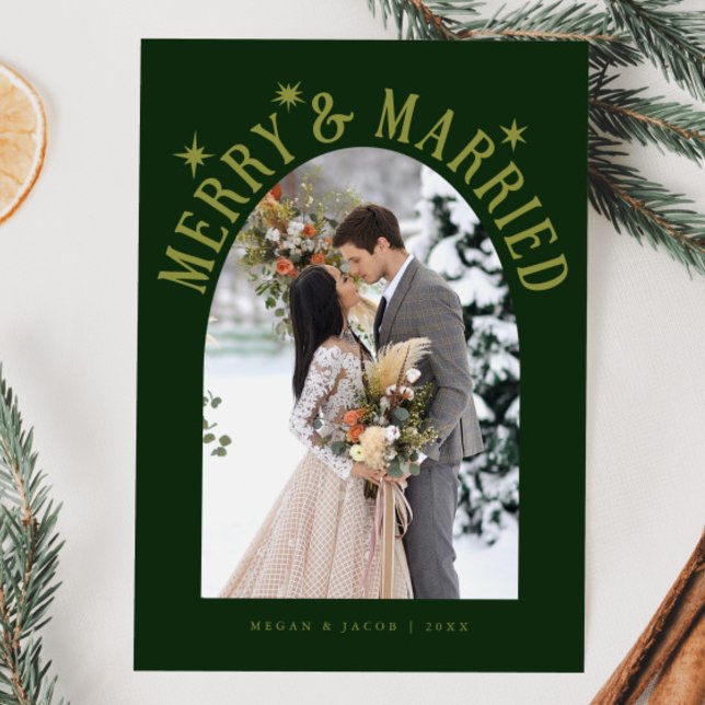 Merry & Married Arch Newlywed Photo Green Holiday Card (Creator Uploaded)